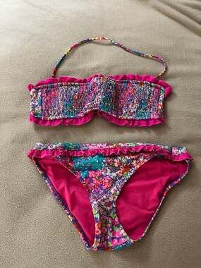 Victoria's Secret Floral Smocked Ruffle Bandeau Bikini Set